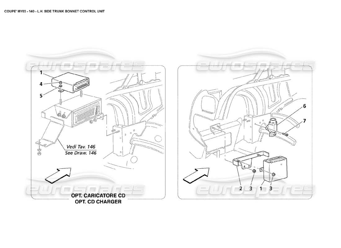 maserati 4200 coupe (2003) diagramma delle parti del sensore e delle unità di controllo del cofano del bagagliaio laterale sinistro