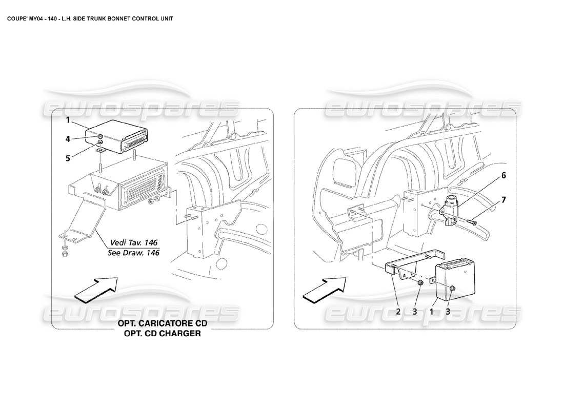 maserati 4200 coupe (2004) schema delle parti dell'unità di controllo del cofano del bagagliaio laterale sinistro