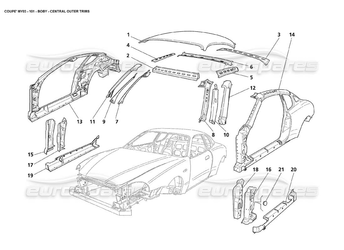 maserati 4200 coupe (2003) corpo: diagramma delle parti dei rivestimenti esterni centrali