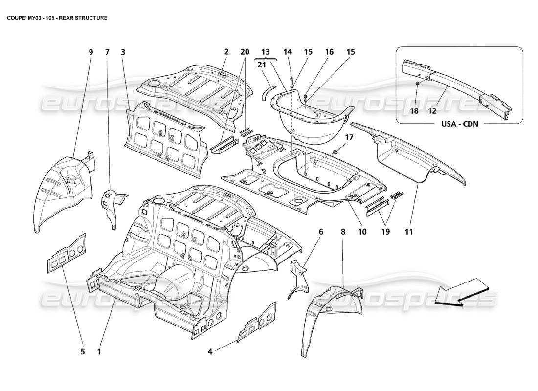 maserati 4200 coupe (2003) diagramma delle parti della struttura posteriore