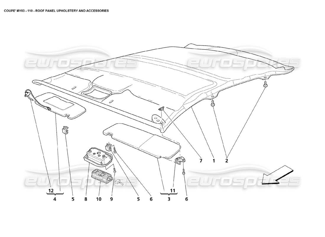 maserati 4200 coupe (2003) schema delle parti della tappezzeria e degli accessori del pannello del tetto