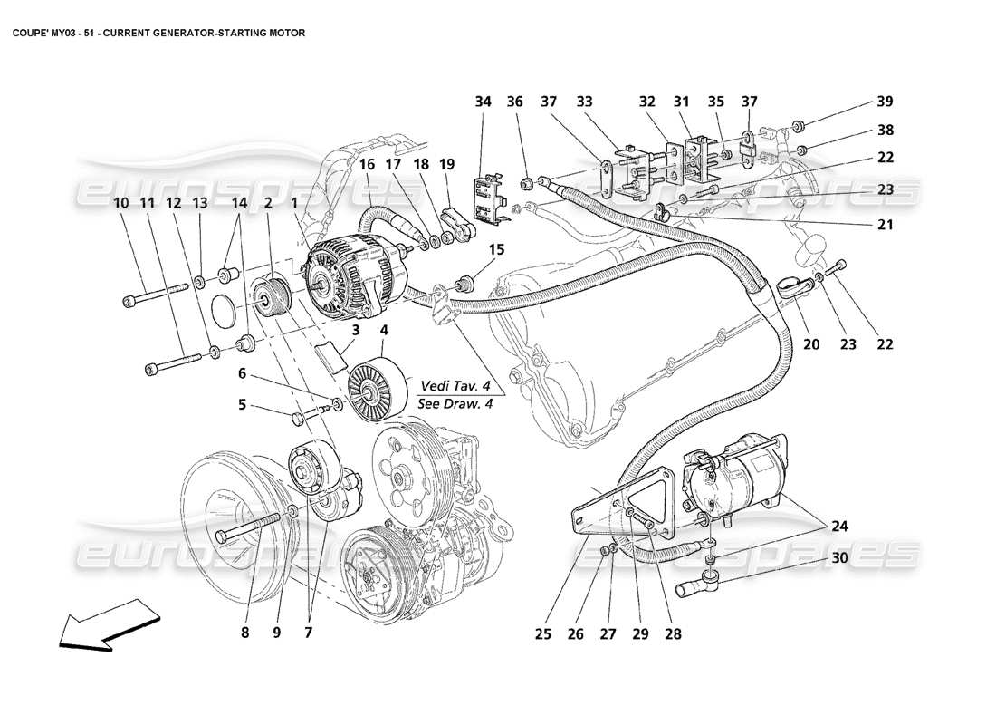 maserati 4200 coupe (2003) generatore di corrente: diagramma delle parti del motore di avviamento