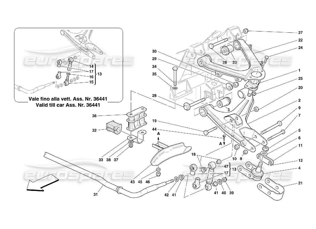 ferrari 456 m gt/m gta sospensioni anteriori: schema delle parti bracci trasversali e barra stabilizzatrice