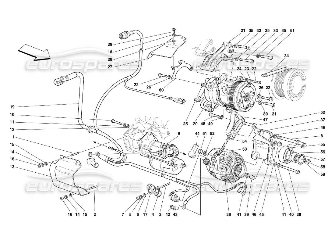 ferrari 456 m gt/m gta diagramma delle parti del motorino di avviamento dell'alternatore e del compressore ca