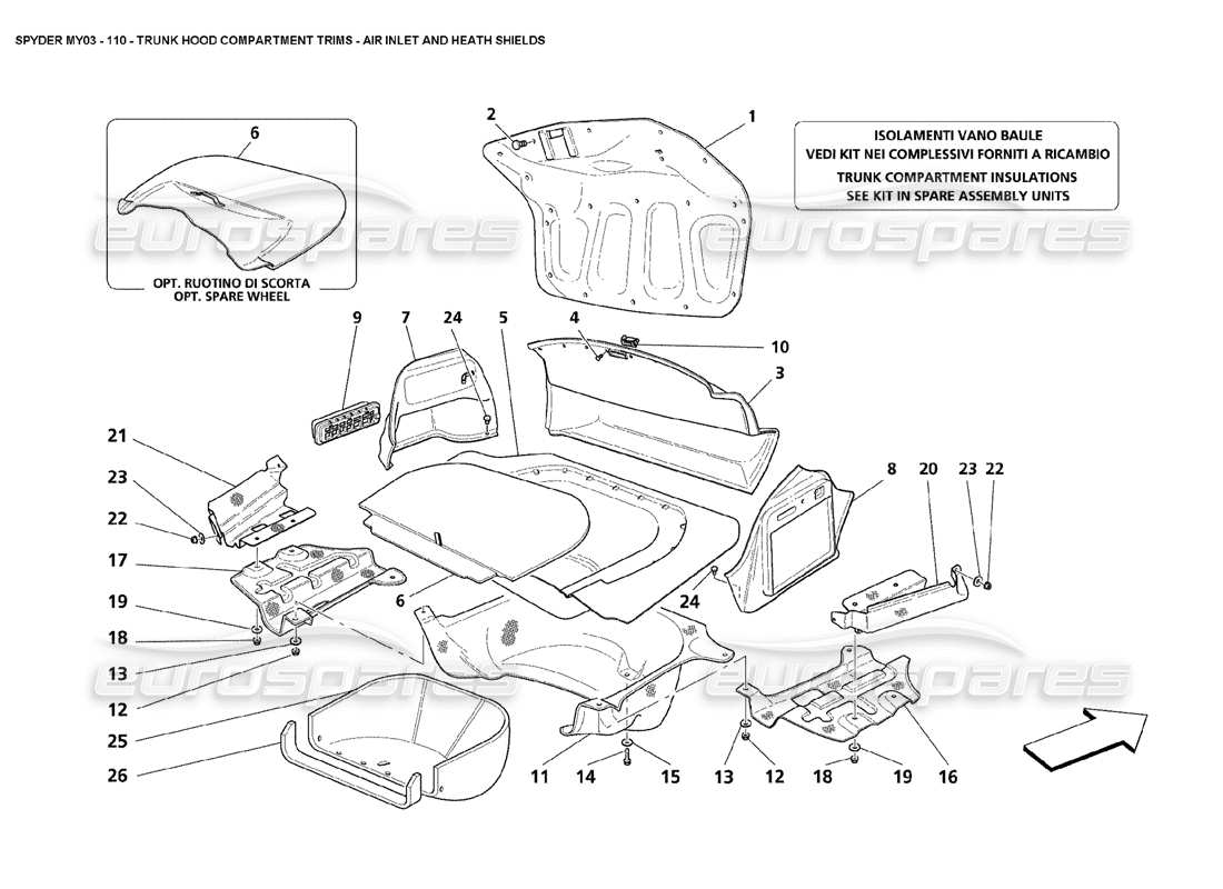 maserati 4200 spyder (2003) rivestimenti del vano del cofano del bagagliaio: diagramma delle parti della presa d'aria e delle protezioni sanitarie