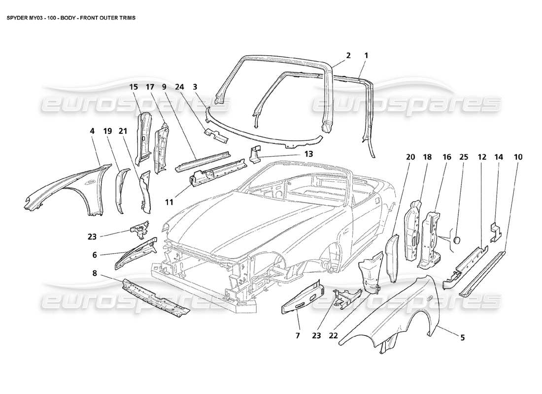 maserati 4200 spyder (2003) carrozzeria: finiture esterne anteriori diagramma delle parti