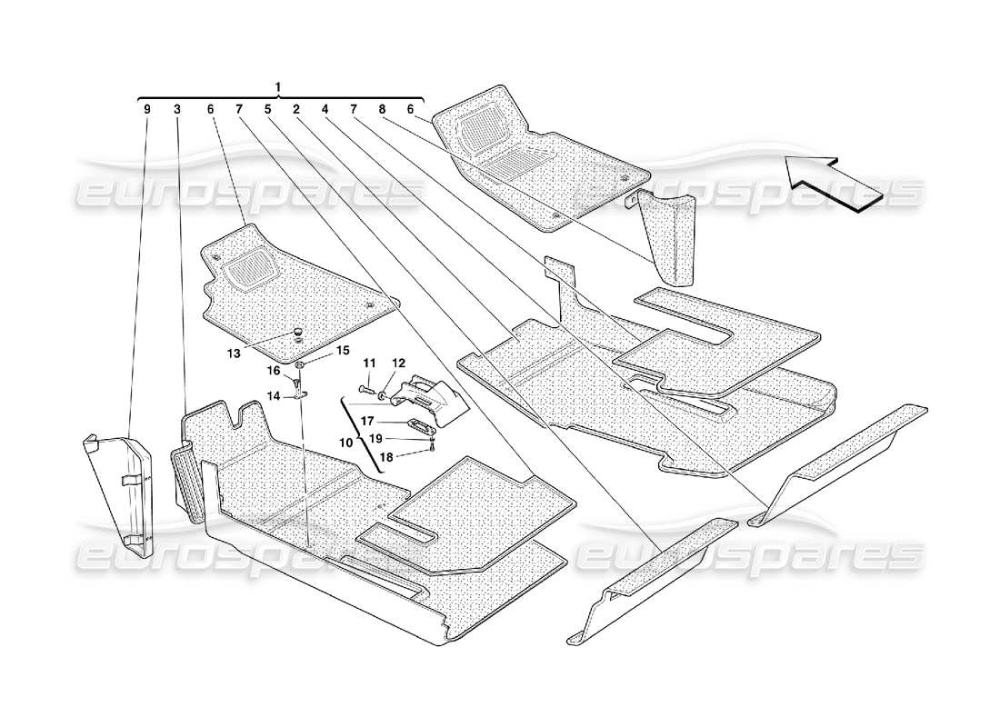 ferrari 456 m gt/m gta schema delle parti della tappezzeria e della moquette dell'abitacolo passeggeri