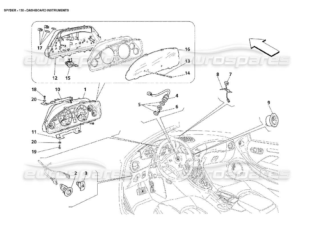 maserati 4200 spyder (2002) diagramma delle parti degli strumenti del cruscotto