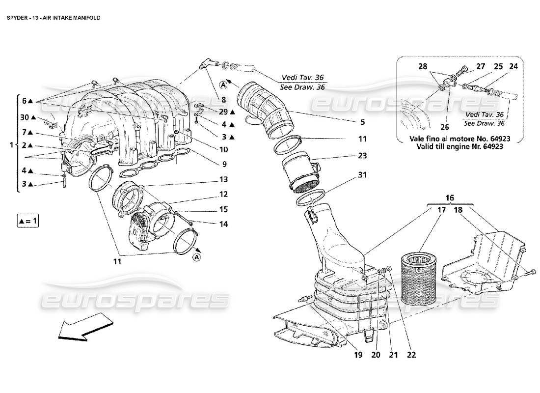 maserati 4200 spyder (2002) diagramma delle parti del collettore di aspirazione dell'aria