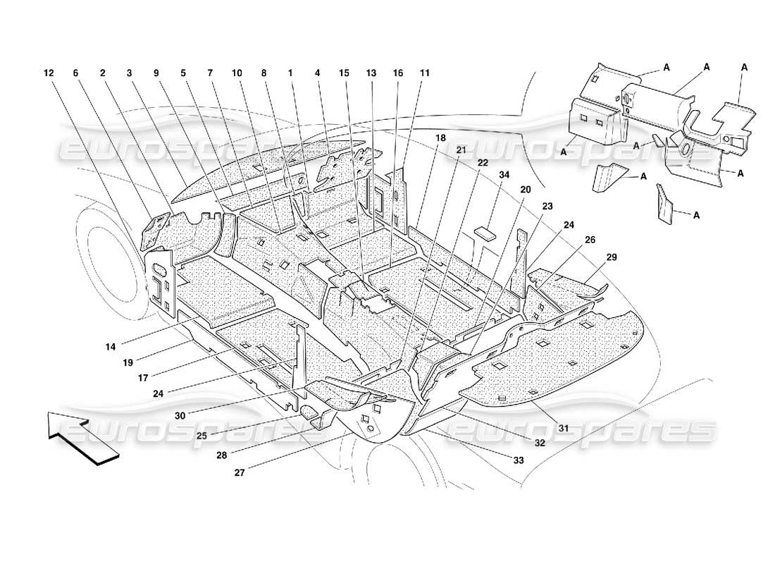 ferrari 456 m gt/m gta compartimento passeggeri. e vano motore. diagramma delle parti degli isolamenti