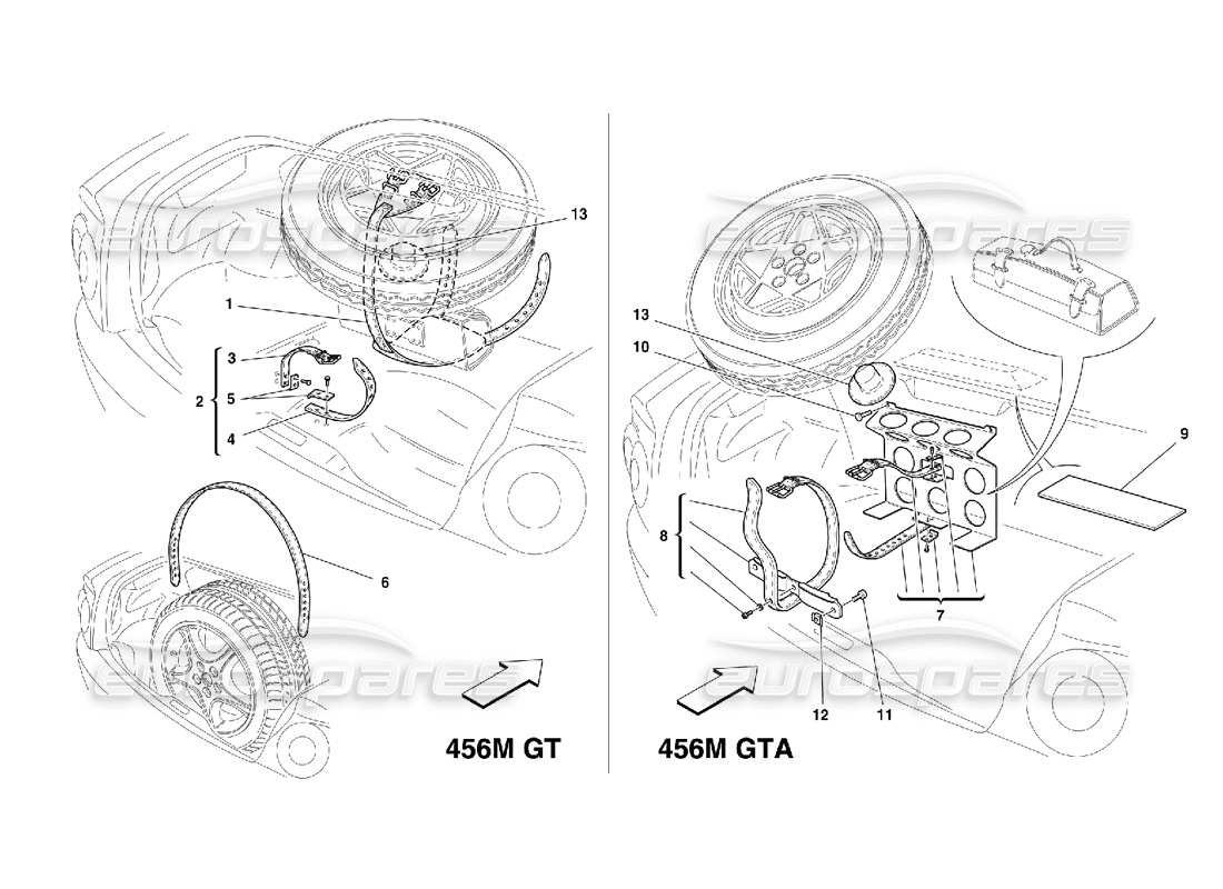 ferrari 456 m gt/m gta schema delle parti di fissaggio della ruota di scorta