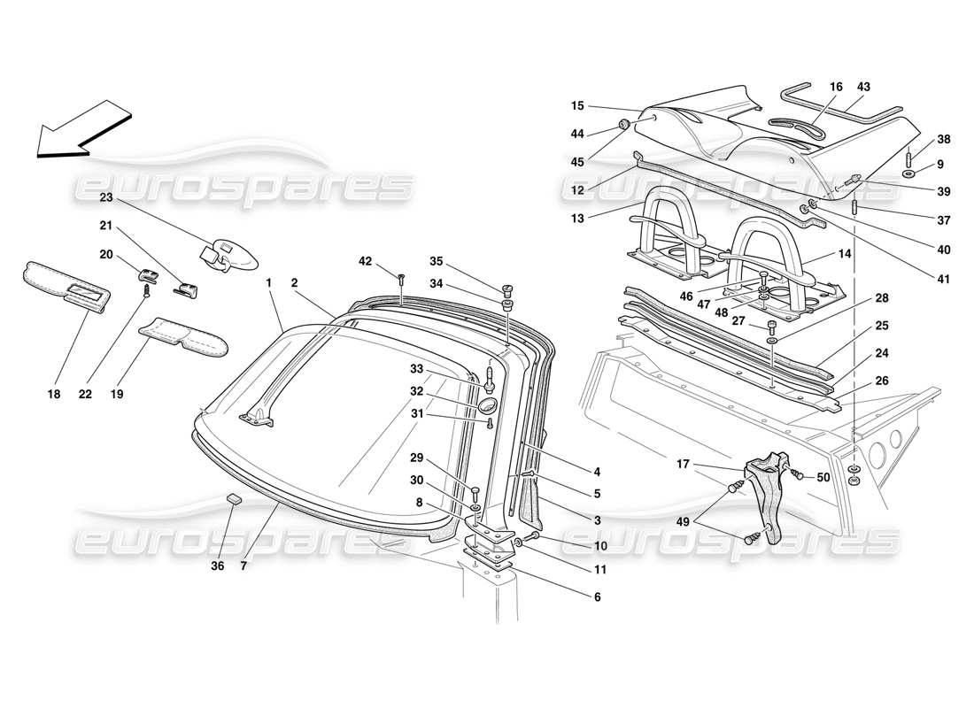 ferrari f50 schema delle parti del montante del parabrezza e del roll-bar sportivo