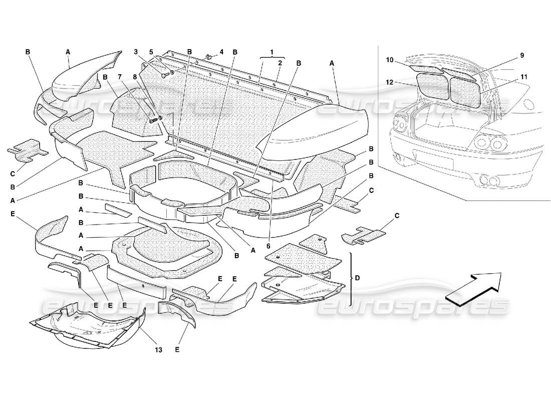 ferrari 456 m gt/m gta isolamenti del cofano del bagagliaio -non per 456m diagramma delle parti gta