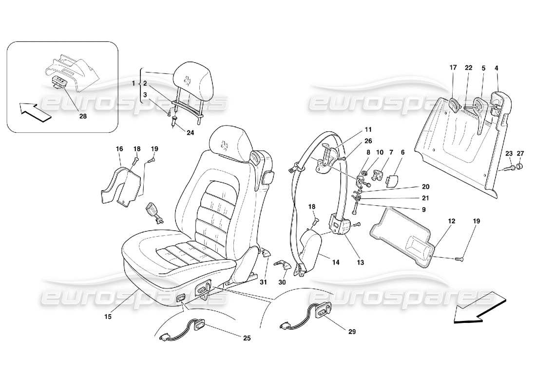 ferrari 456 m gt/m gta diagramma delle parti dei sedili anteriori e delle cinture di sicurezza