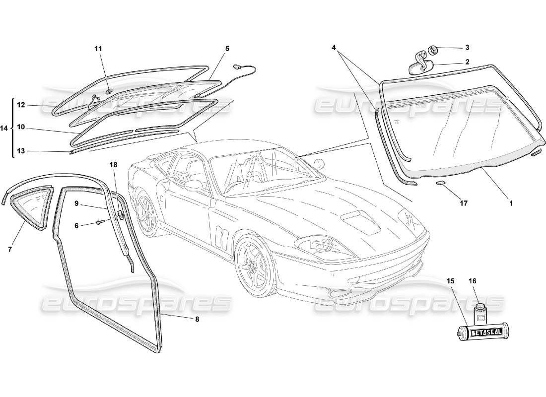 ferrari 550 maranello diagramma delle parti di vetri e guarnizioni