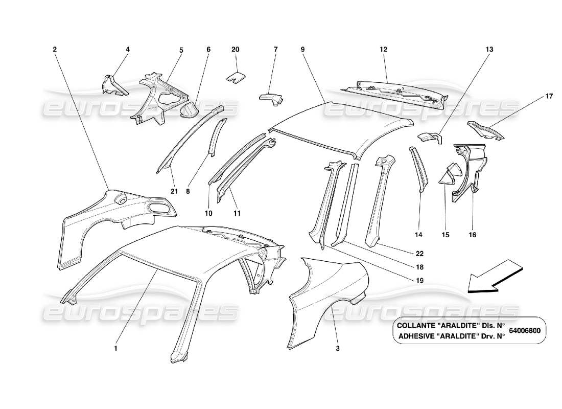 ferrari 456 m gt/m gta strutture e componenti dei pannelli del tetto diagramma delle parti