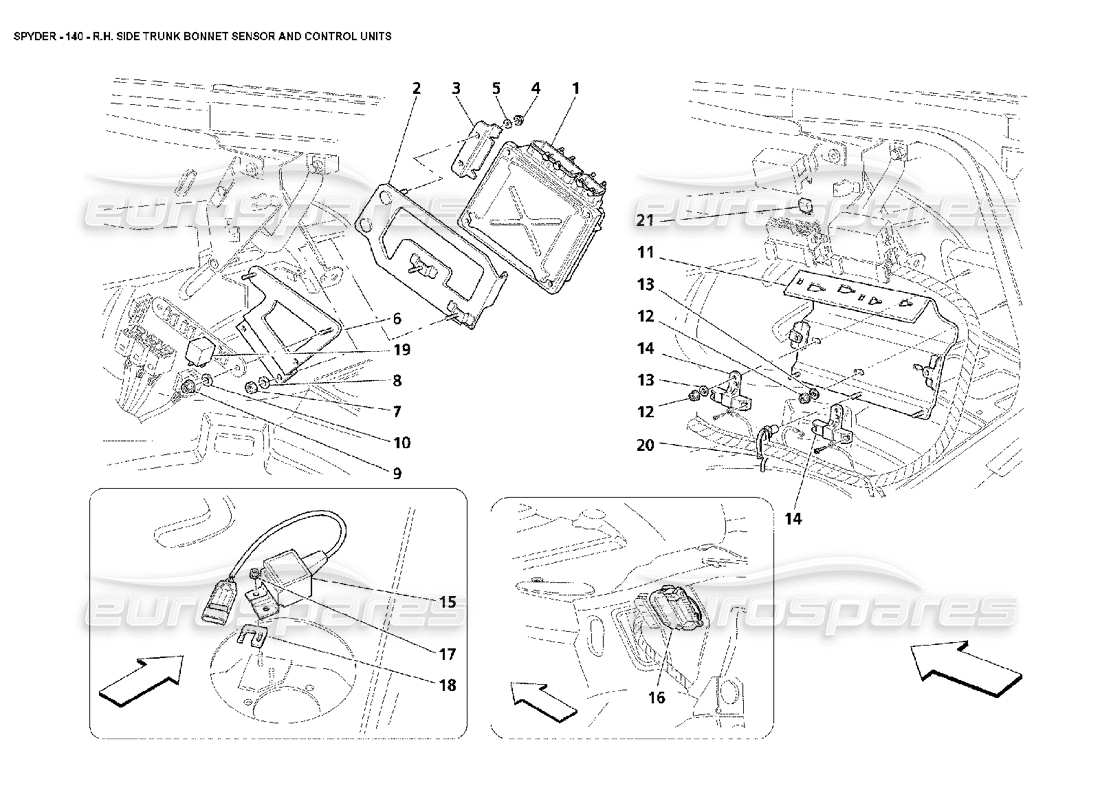 maserati 4200 spyder (2002) diagramma delle parti del sensore e delle unità di controllo del cofano del bagagliaio lato destro