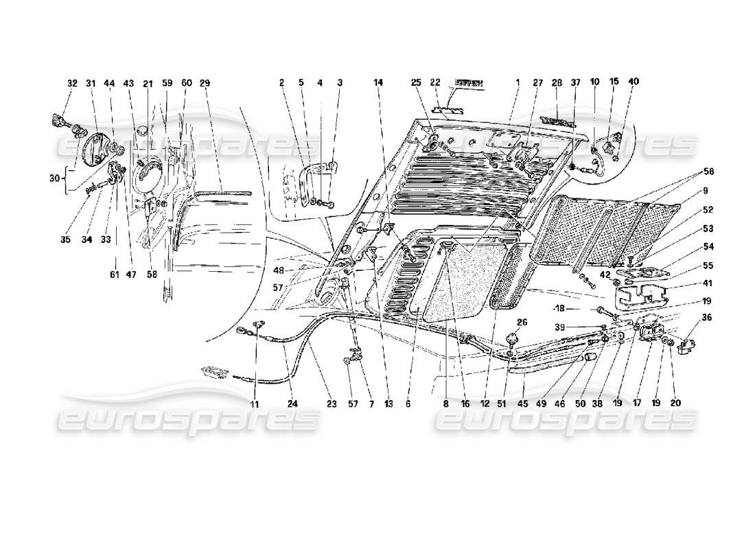 ferrari 512 m schema delle parti del cofano posteriore