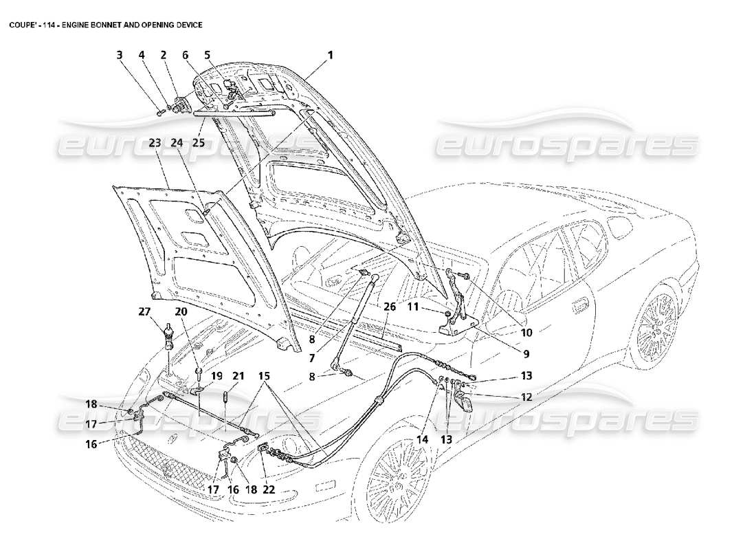 maserati 4200 coupe (2002) schema delle parti del cofano motore e del dispositivo di apertura