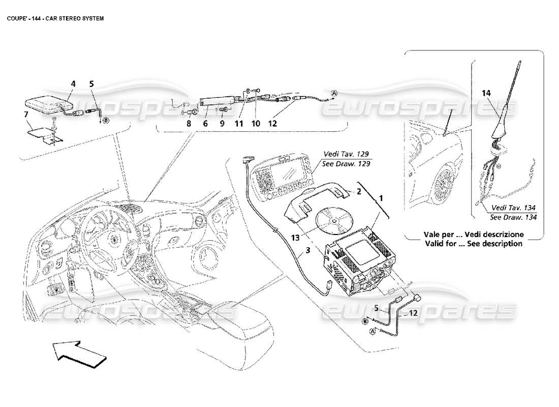 maserati 4200 coupe (2002) diagramma delle parti del sistema stereo per auto