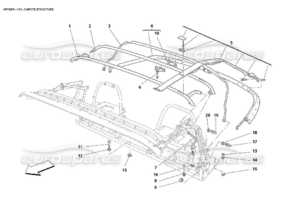 maserati 4200 spyder (2002) diagramma delle parti della struttura della capote