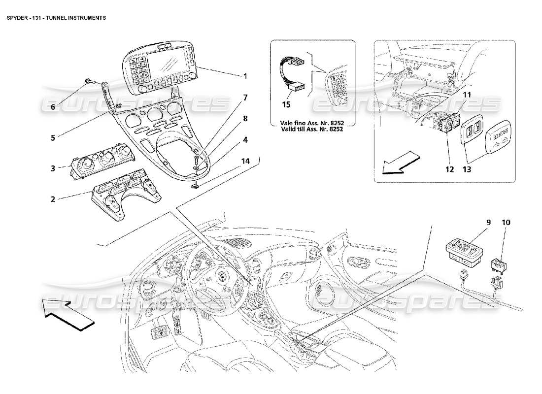 maserati 4200 spyder (2002) diagramma delle parti degli strumenti per tunnel