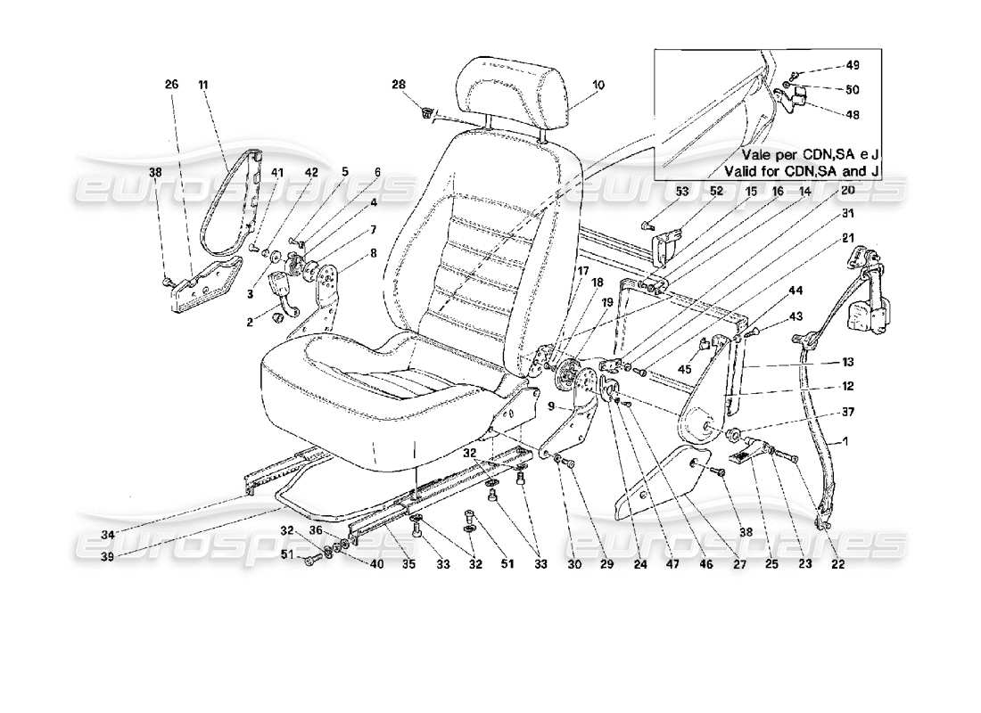 ferrari 512 m sedili e cinture di sicurezza -non per gli usa- diagramma delle parti
