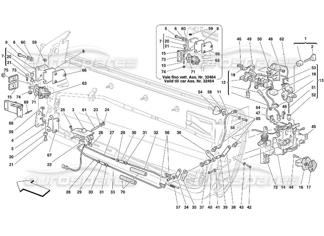 ferrari 456 m gt/m gta porte: diagramma delle parti del controllo di apertura e delle cerniere