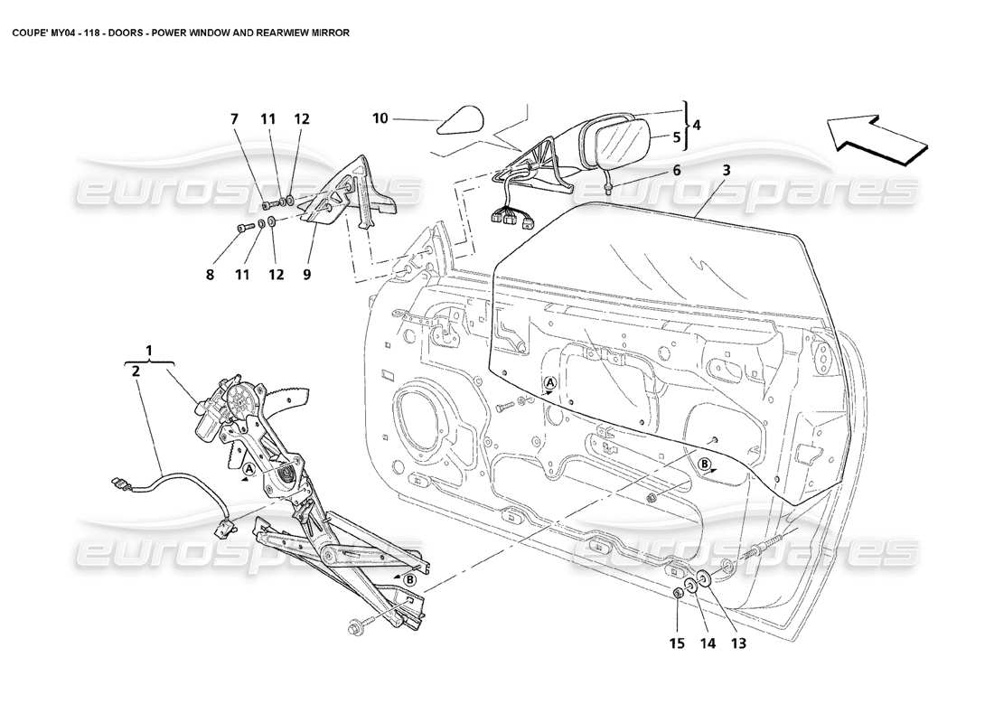 maserati 4200 coupe (2004) schema delle parti degli alzacristalli elettrici e degli specchietti retrovisori delle porte