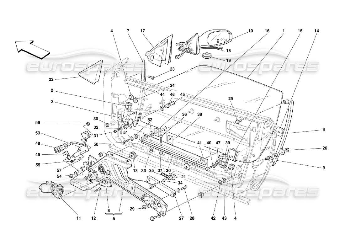 ferrari 456 m gt/m gta porte: schema delle parti dell'alzacristallo elettrico e dello specchietto retrovisore