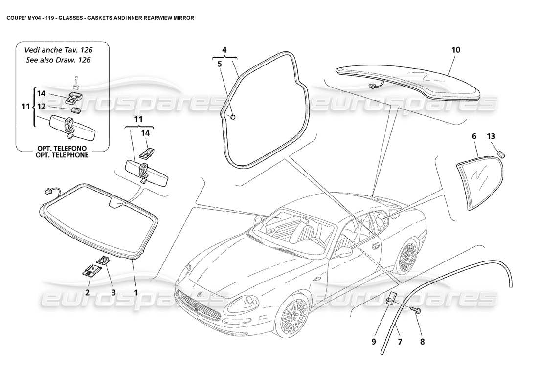 maserati 4200 coupe (2004) guarnizioni vetri e specchietto retrovisore interno diagramma delle parti