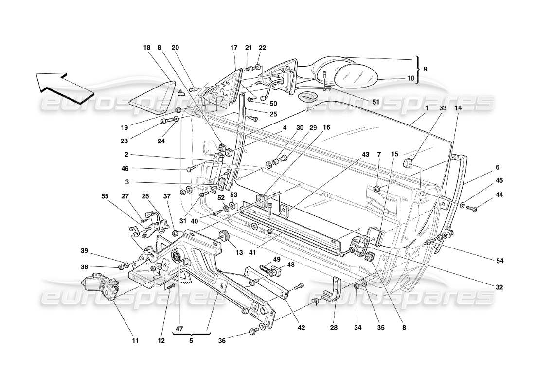 ferrari 550 maranello porte: schema delle parti dell'alzacristallo elettrico e dello specchietto retrovisore