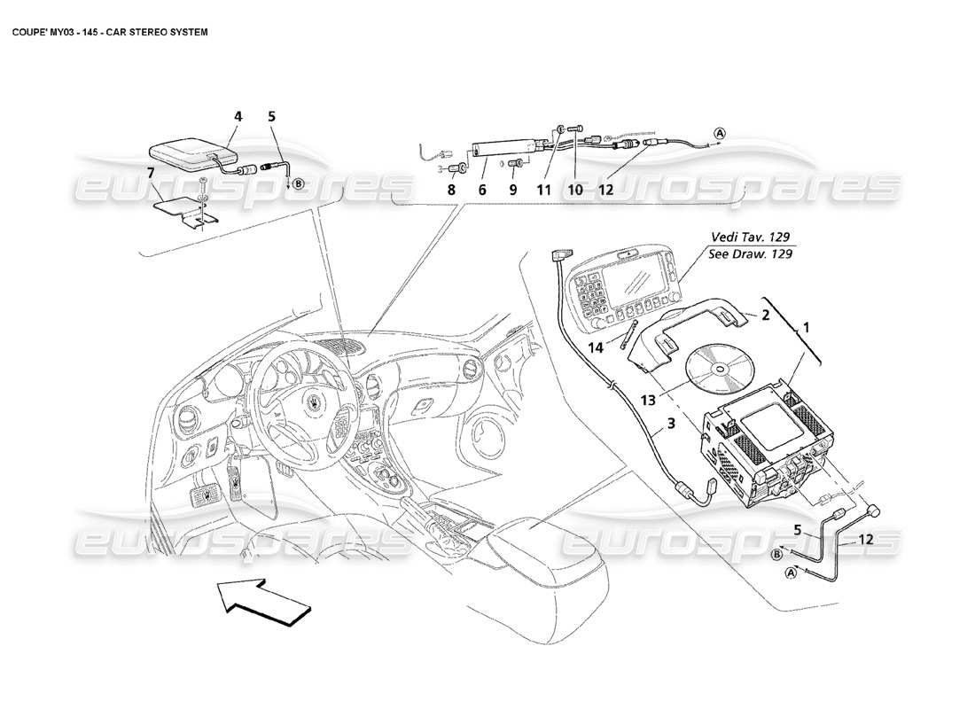 maserati 4200 coupe (2003) diagramma delle parti del sistema stereo per auto