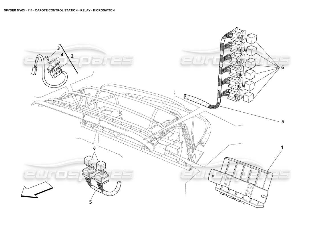 maserati 4200 spyder (2003) schema delle parti della stazione di controllo capote - relè - microinterruttore