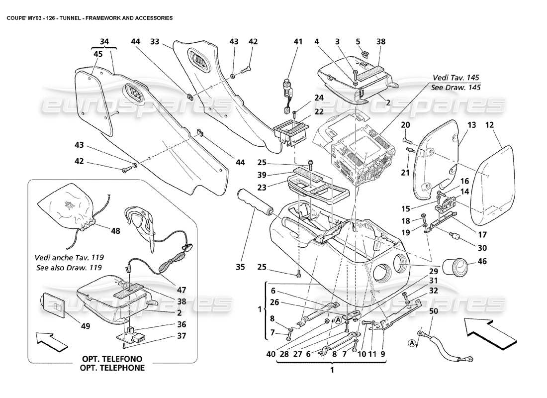 maserati 4200 coupe (2003) tunnel - diagramma delle parti della struttura e degli accessori