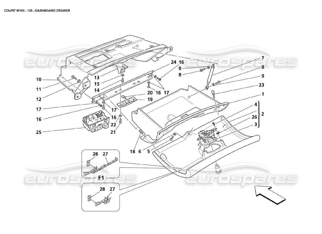 maserati 4200 coupe (2003) diagramma delle parti del cassetto del cruscotto