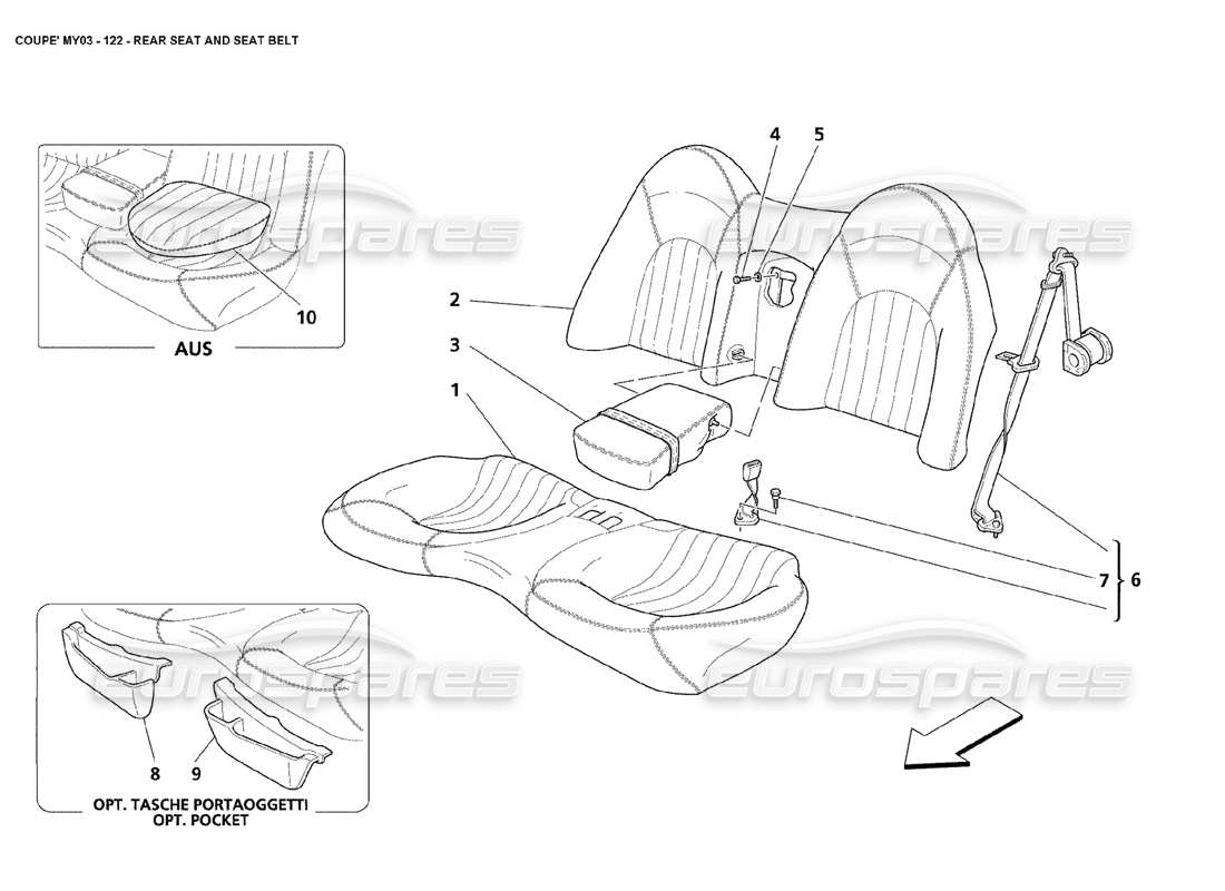 maserati 4200 coupe (2003) diagramma delle parti del sedile posteriore e della cintura di sicurezza