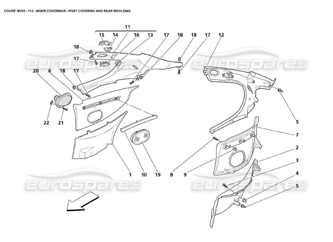 maserati 4200 coupe (2003) rivestimenti interni: diagramma delle parti della copertura del montante e della modanatura posteriore