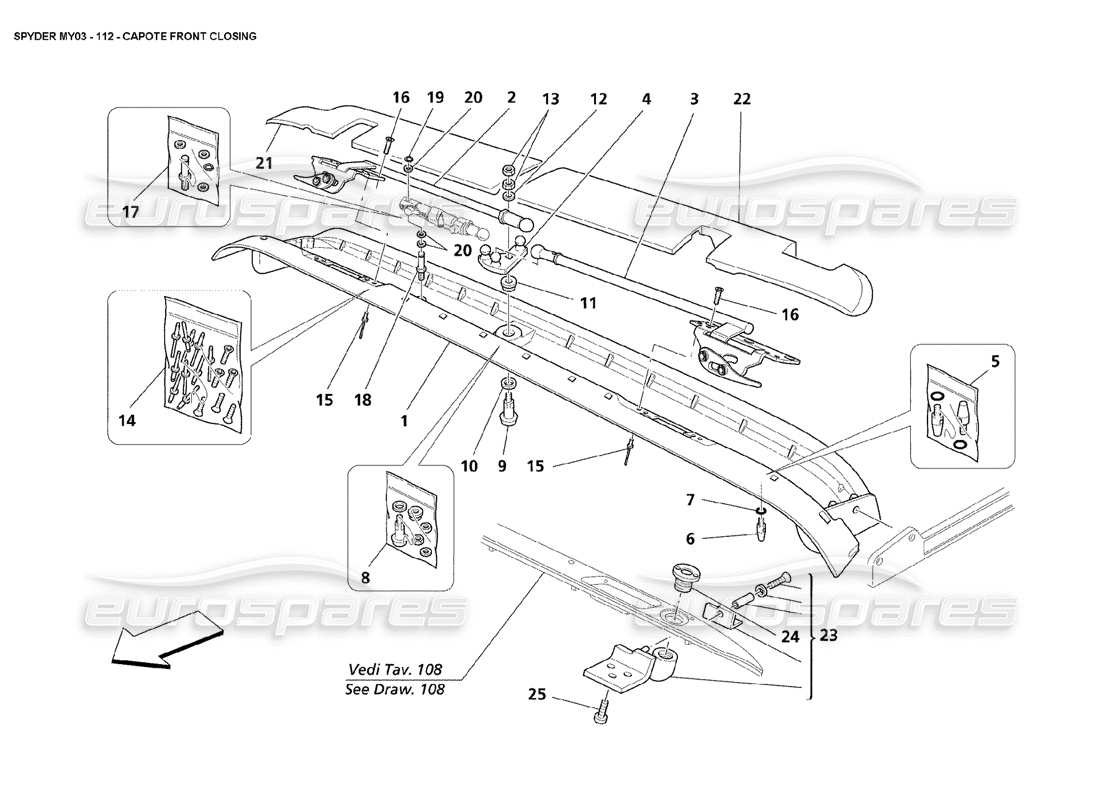 maserati 4200 spyder (2003) schema della parte di chiusura anteriore della capote