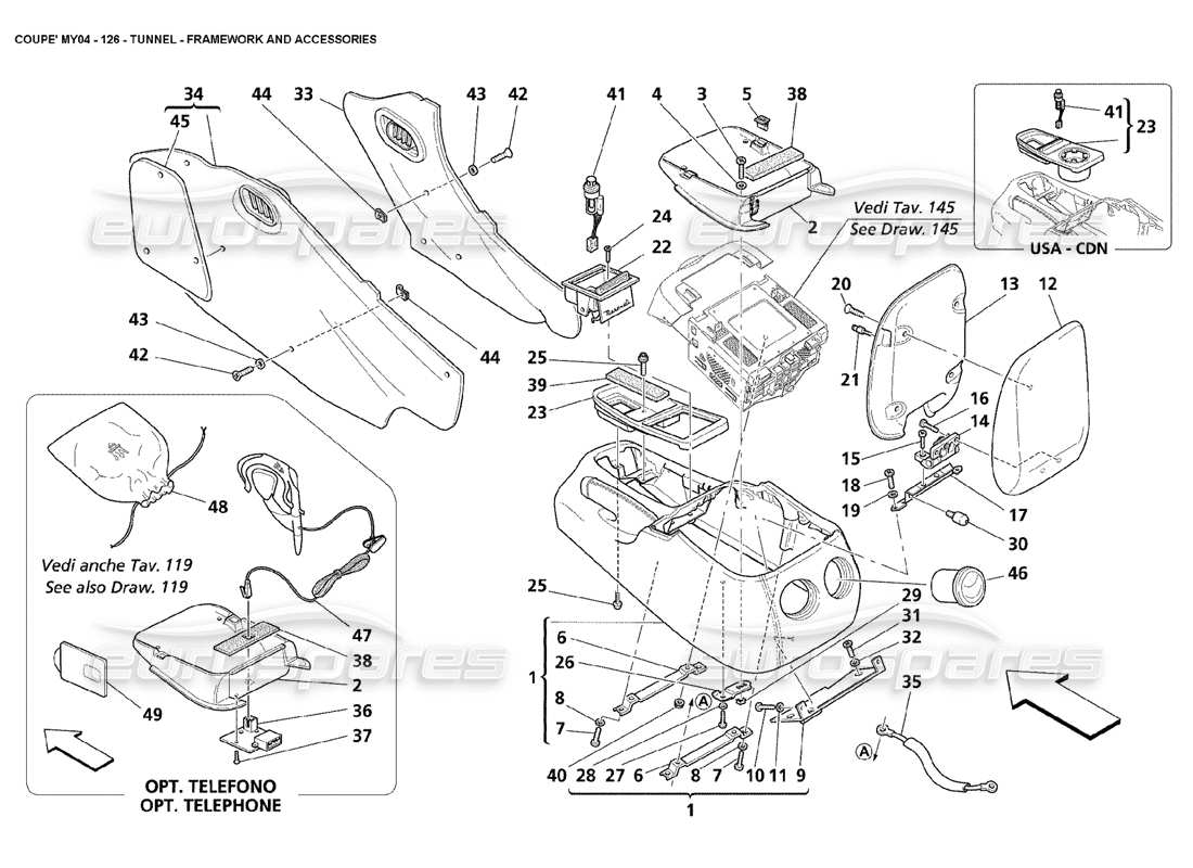 maserati 4200 coupe (2004) diagramma delle parti della struttura del tunnel e degli accessori