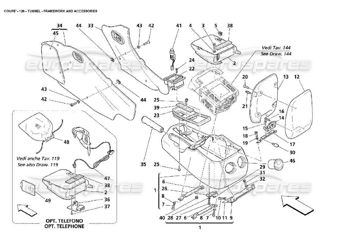maserati 4200 coupe (2002) tunnel - diagramma delle parti della struttura e degli accessori