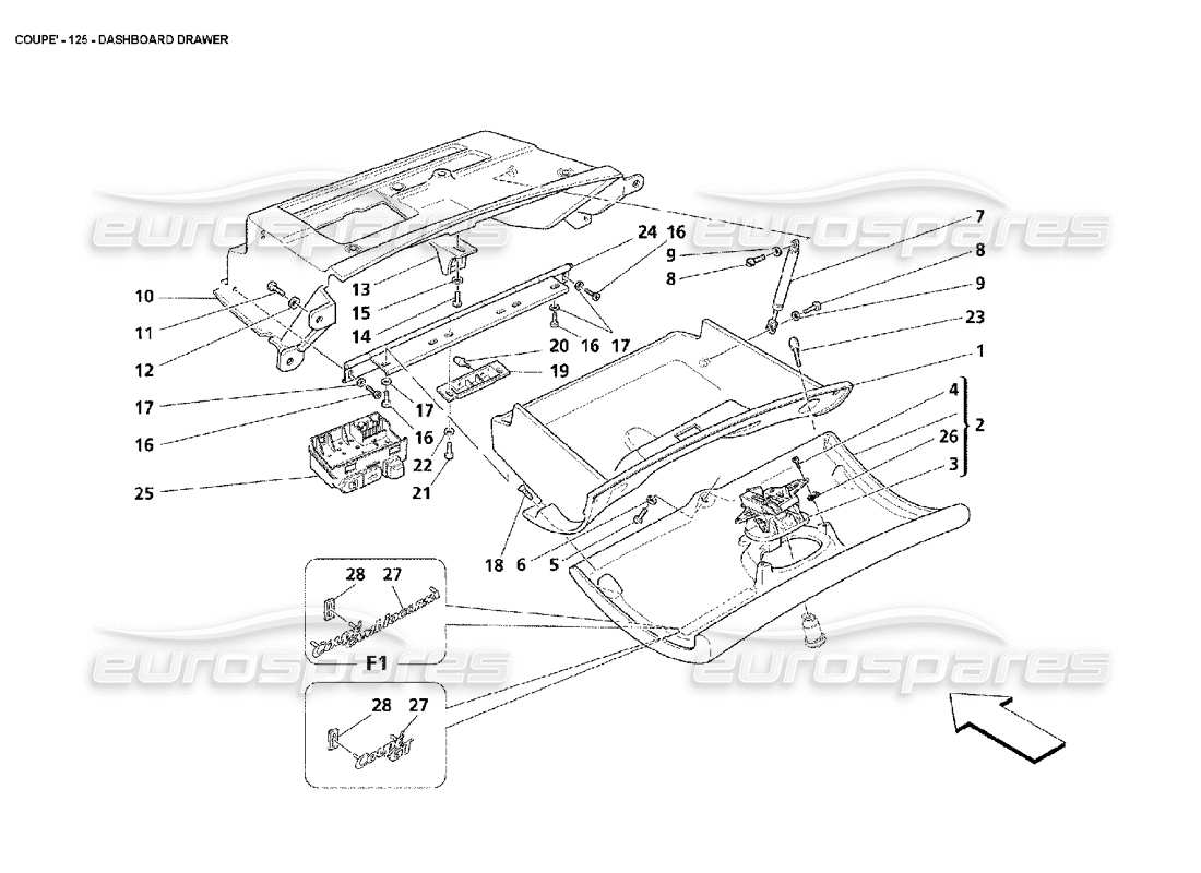 maserati 4200 coupe (2002) diagramma delle parti del cassetto del cruscotto