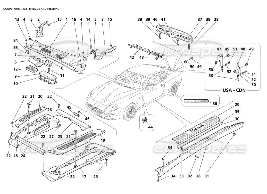 maserati 4200 coupe (2003) schema delle schermature e delle parti di finitura
