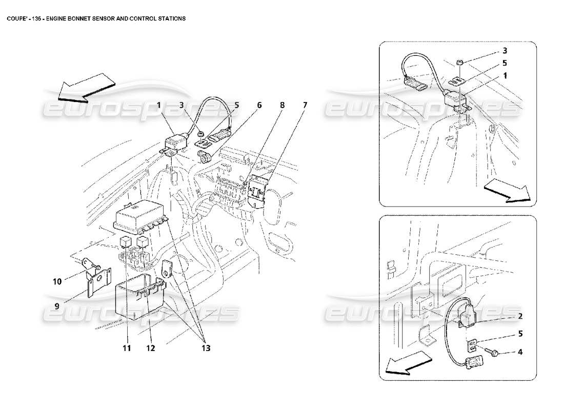 maserati 4200 coupe (2002) diagramma delle parti del sensore del cofano motore e delle stazioni di controllo