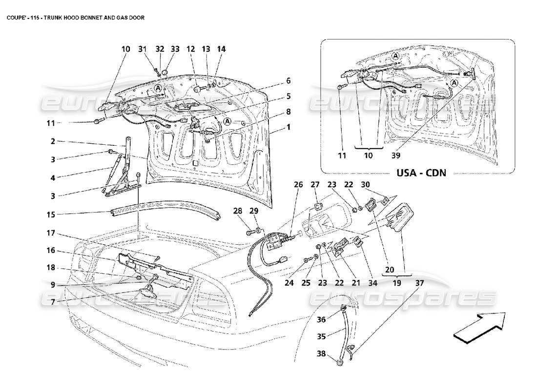 maserati 4200 coupe (2002) schema delle parti del cofano del cofano del bagagliaio e della porta del gas