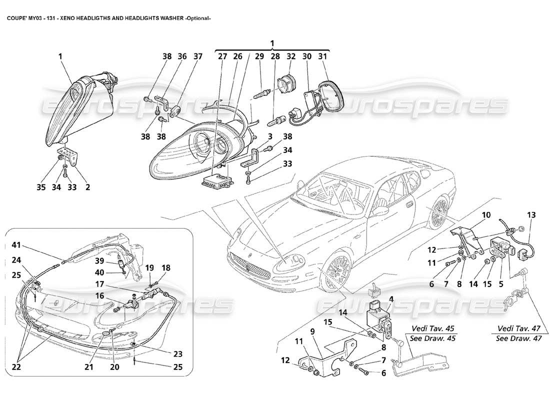 maserati 4200 coupe (2003) fari xeno e rondella - diagramma delle parti opzionali
