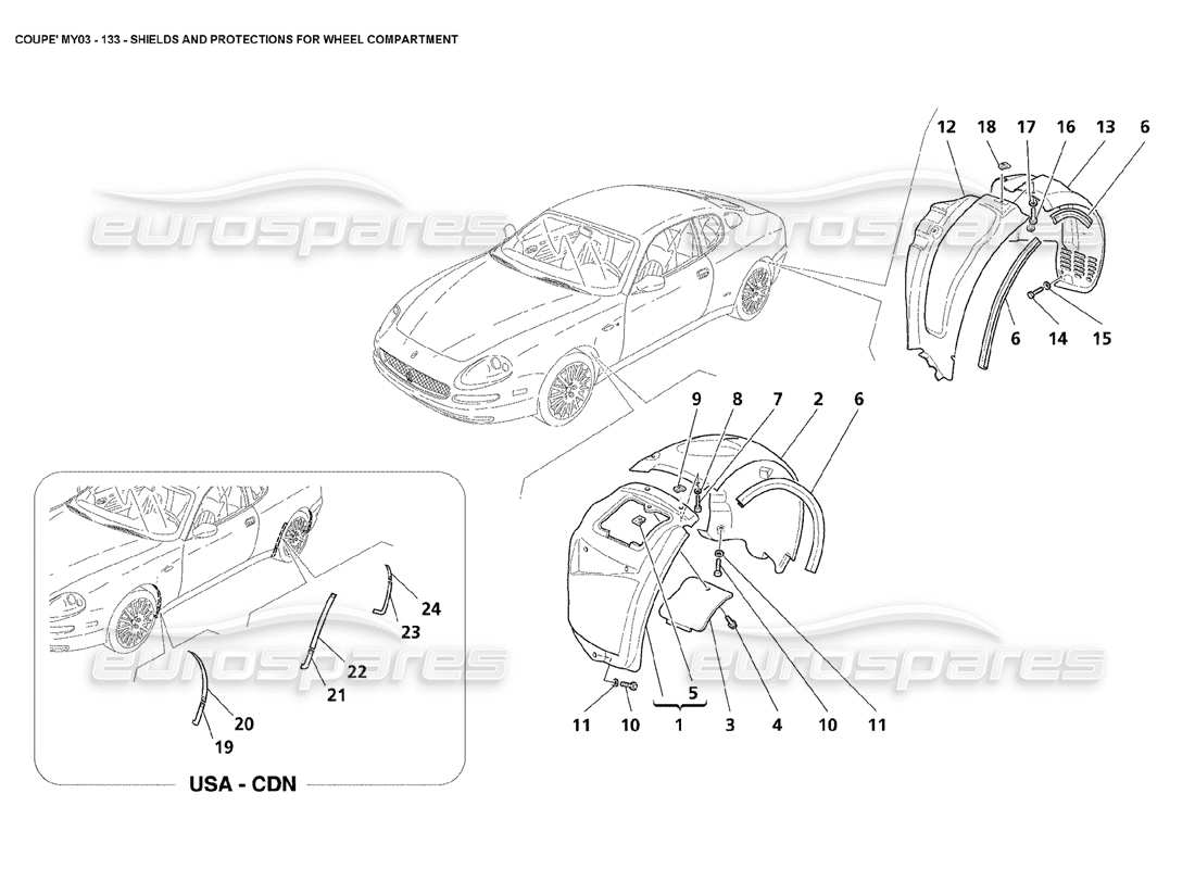 maserati 4200 coupe (2003) schema delle parti di schermi e protezioni per il vano ruota