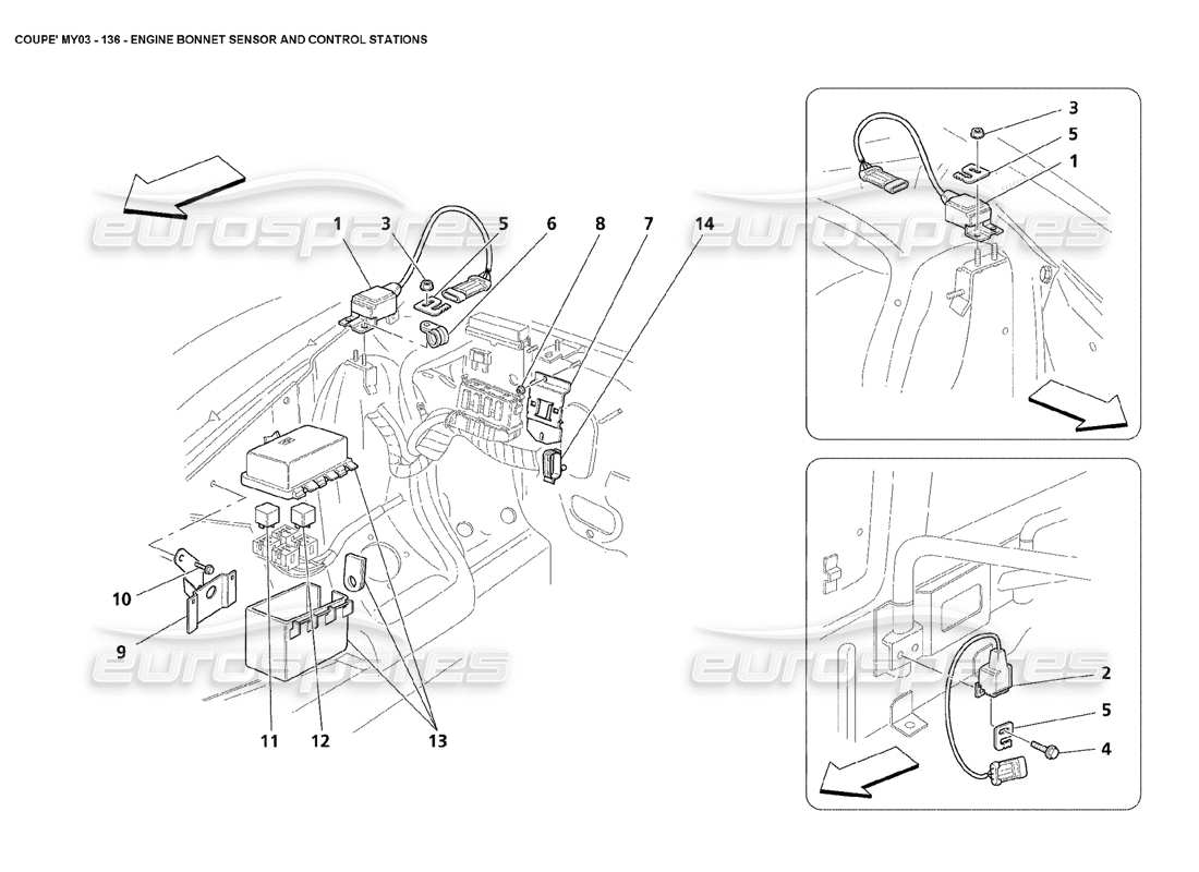maserati 4200 coupe (2003) diagramma delle parti del sensore del cofano motore e delle stazioni di controllo