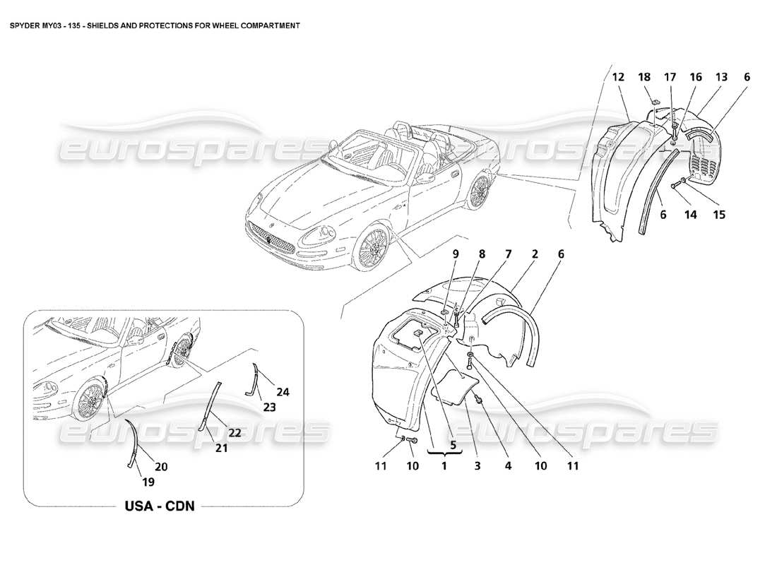 maserati 4200 spyder (2003) schema delle parti di schermi e protezioni per il vano ruota