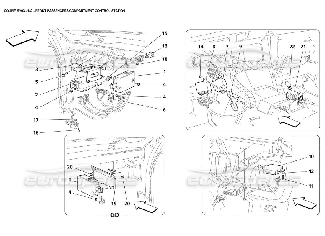 maserati 4200 coupe (2003) stazione di controllo dell'abitacolo dei passeggeri anteriori diagramma delle parti